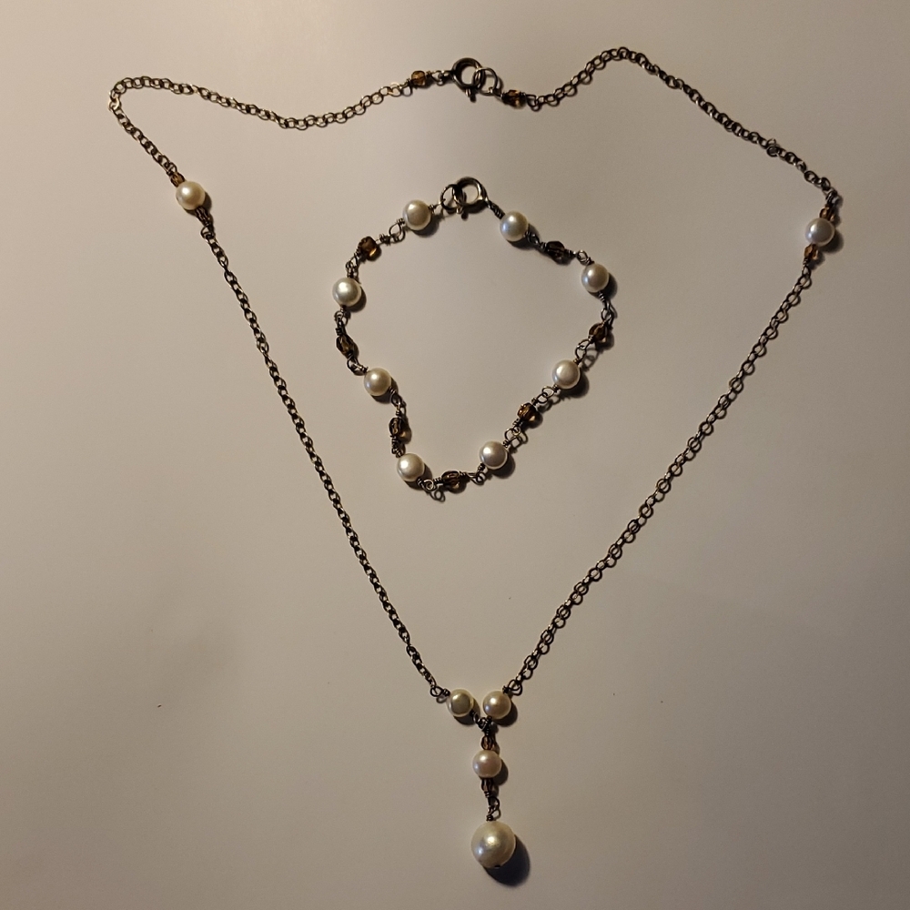 Dainty 925 Silver Pearl Necklace & Bracelet Set